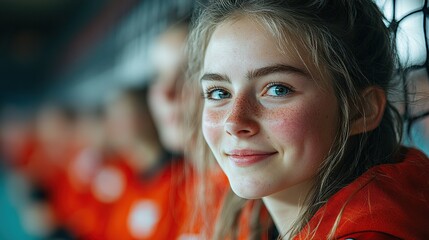 a floorball team of women from multiple generations playing together in a gym