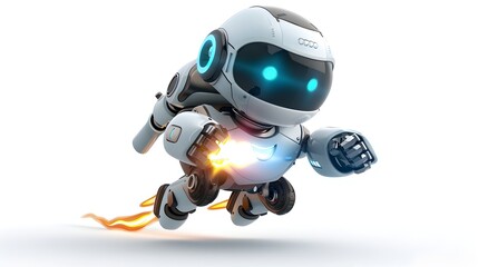 Cheerful Cartoon Robot with Jetpack Flying Through the Air on White Background