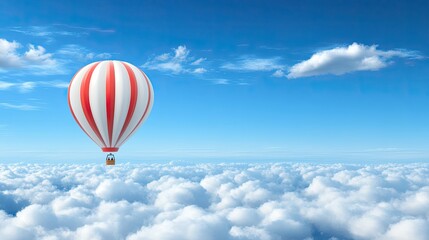 Obraz premium A hot air balloon drifts above the clouds, surrounded by a bright blue sky, capturing the spirit of adventure and the joy of flight on a beautiful day