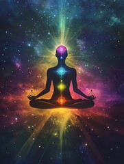 A meditative figure surrounded by vibrant colors and cosmic elements, expressing tranquility and enlightenment. 