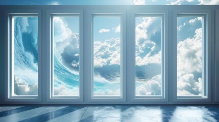 Surreal representation of a room with a floor-to-ceiling window, through which a fantastical scene is visible