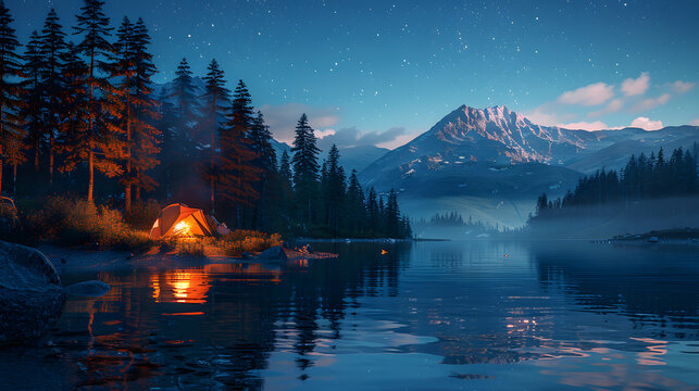A picturesque summer camping scene by a lake, with tents pitched under tall pine trees, a campfire crackling, and stars beginning to twinkle in the clear night sky.