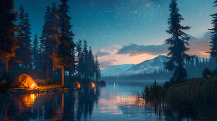 Fototapeta premium A picturesque summer camping scene by a lake, with tents pitched under tall pine trees, a campfire crackling, and stars beginning to twinkle in the clear night sky.