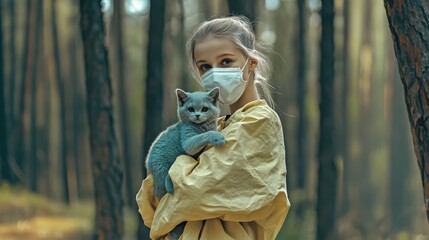 little girl wearing a face mask and holding a soft toy cat.
