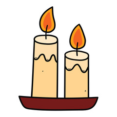 Hand drawn cartoon two burning candles on white background.