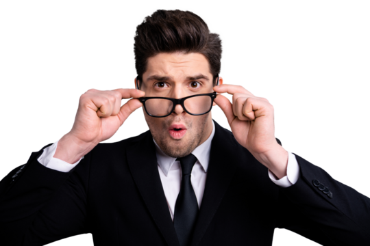 Close-up portrait of his he nice imposing elegant classy attractive confused unsure uncertain guy accountant bookkeeper vacancy recruiting office startup isolated over light gray background