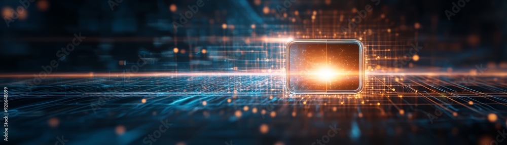 Poster futuristic technology concept showcasing glowing data streams and a central glowing box representing