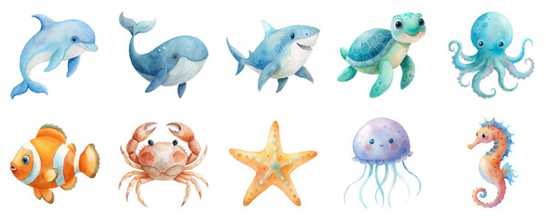 Sea creatures in watercolor illustration set. Cute icons collection of of featuring various aquatic animals isolated on transparent background.