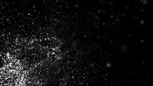 Loop animation white dust particles flow from bottom left to top right motion on black abstract background.