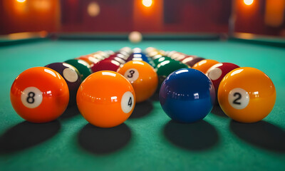 billiard balls on a green table, background/wallpaper with billiard board and balls