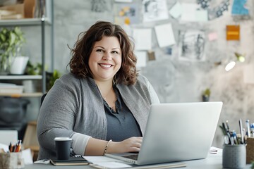 Obraz premium Smiling woman in gray blazer works at a desk using a laptop.