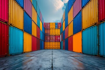 Fototapeta premium Cargo containers in the storage area of freight sea port terminal