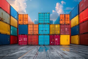 Fototapeta premium Cargo containers in the storage area of freight sea port terminal