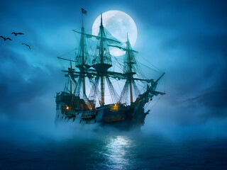 Fototapeta premium Ancient pirate ship with green lights on moonlit sea