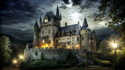 A grand stone castle with lit windows and a moon in the sky.