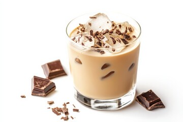 Refreshing iced coffee drink with chocolate pieces and ice cubes in a clear glass, isolated on a white background.