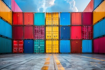 Fototapeta premium Cargo containers in the storage area of freight sea port terminal