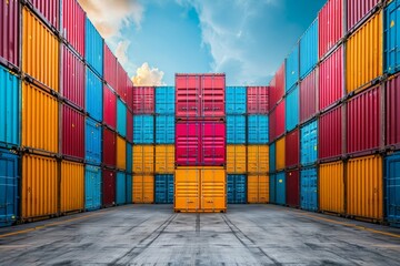 Fototapeta premium Cargo containers in the storage area of freight sea port terminal