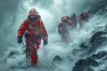 A determined rescue team traverses a harsh snowstorm landscape, displaying their commitment to saving lives and the resilience required to conduct missions in severe weather conditions.