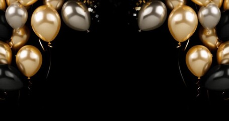 gold luxury flying balloon confetti on black background with copy space empty place, graduation party birthday happy new year Christmas opening sale award announcement, motion seamless looping loop