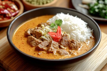 Curry, A rich and spicy curry made with various types of meat such as beef, chicken, or fish, cooked in a coconut milk base with a blend of traditional spices.