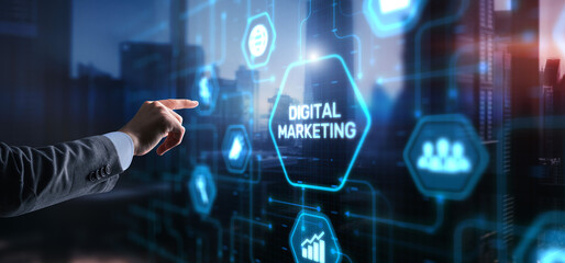 Digital online marketing. Analysis sale data graph growth on modern interface icons