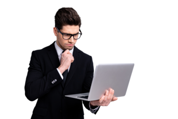 Portrait of his he nice imposing elegant classy attractive pensive guy holding in hands laptop e-commerce stock exchange news white collar shirt necktie isolated over light gray background