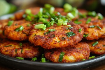Fototapeta premium Potato Fritters, Mashed potatoes mixed with minced meat, green onions, and spices, then shaped into patties and deep-fried until golden brown.
