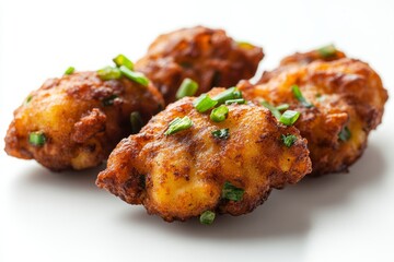Potato Fritters, Mashed potatoes mixed with minced meat, green onions, and spices, then shaped into patties and deep-fried until golden brown. Isolated on White Background