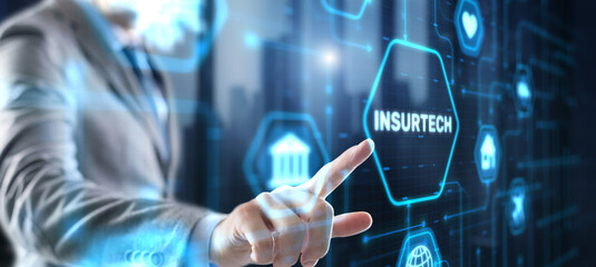 Businessman clicks icon Insurance, health family car money travel Insurtech concept