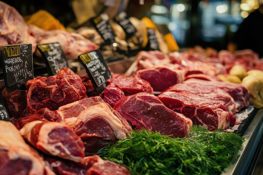 Fresh Raw Meat Cuts Displayed in a Butcher Shop