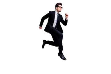 Full length body size view portrait of his he nice elegant imposing attractive worried guy diplomat white collar running fast career growth isolated on light gray background