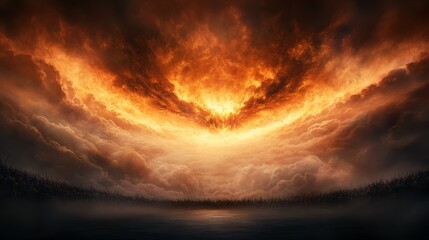 A dramatic sunset showcases vivid colors and ominous clouds reflecting on calm water, creating an intense natural spectacle.