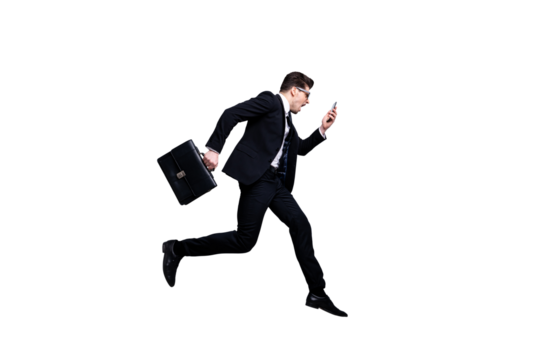 Full length body size profile side view portrait of his he nice classy nervous worried guy carrying in hands diplomat cell white collar rush hour career growth isolated on light gray background