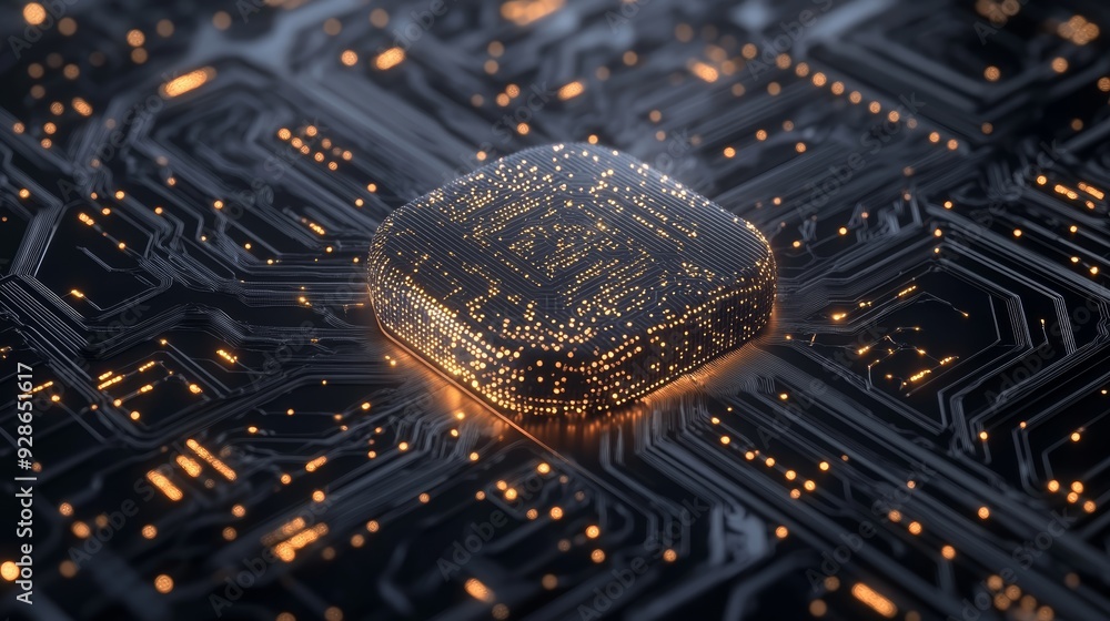 Poster close-up of a digital microchip glowing on a circuit board, showcasing advanced technology and intri