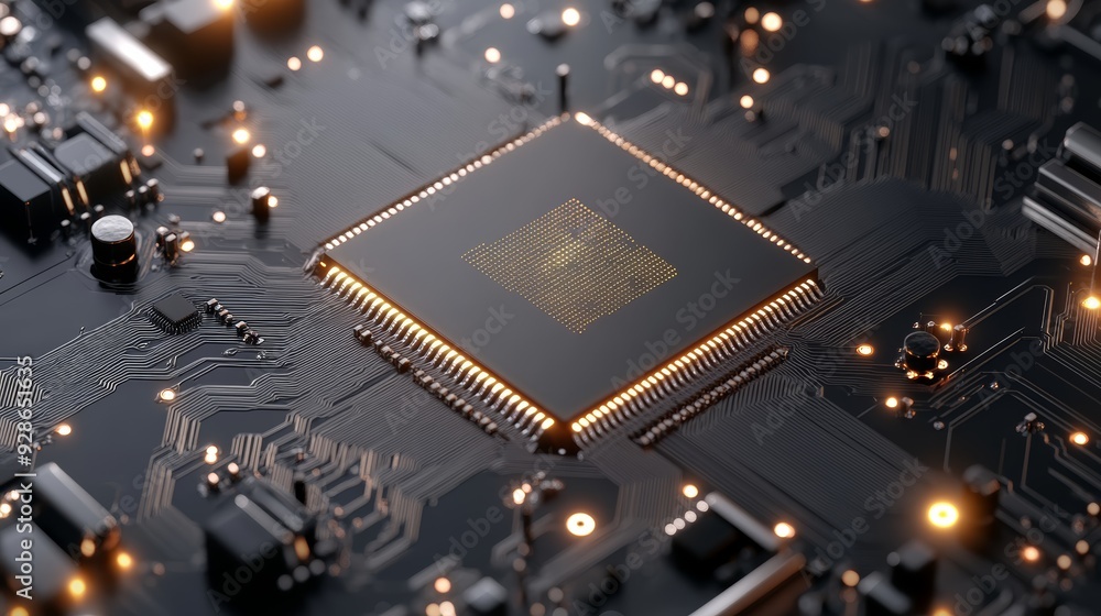 Poster close-up of a circuit board featuring a microchip, showcasing intricate details and glowing elements