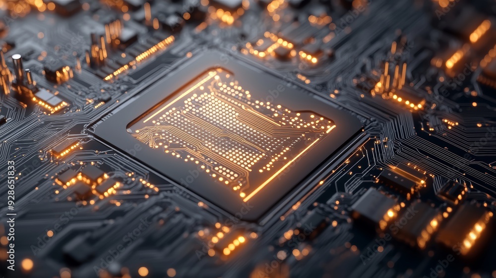 Poster close-up of a futuristic microchip on a circuit board, illuminated with bright lights, showcasing in