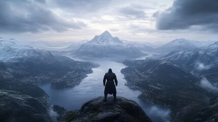 A figure stands overlooking a breathtaking mountain landscape, embodying adventure and exploration amidst dramatic skies.