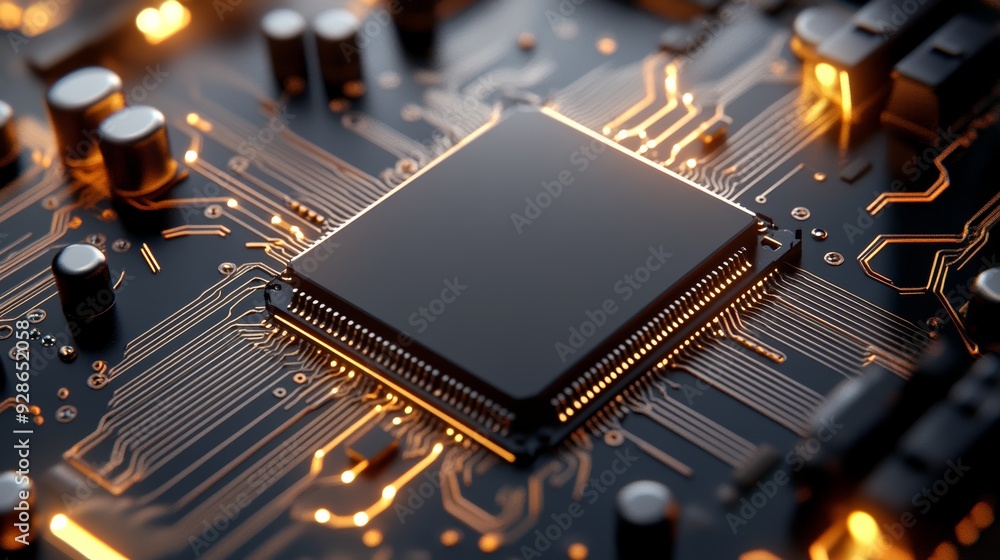 Poster close-up of a modern microprocessor on a circuit board, showcasing intricate electronic design and g