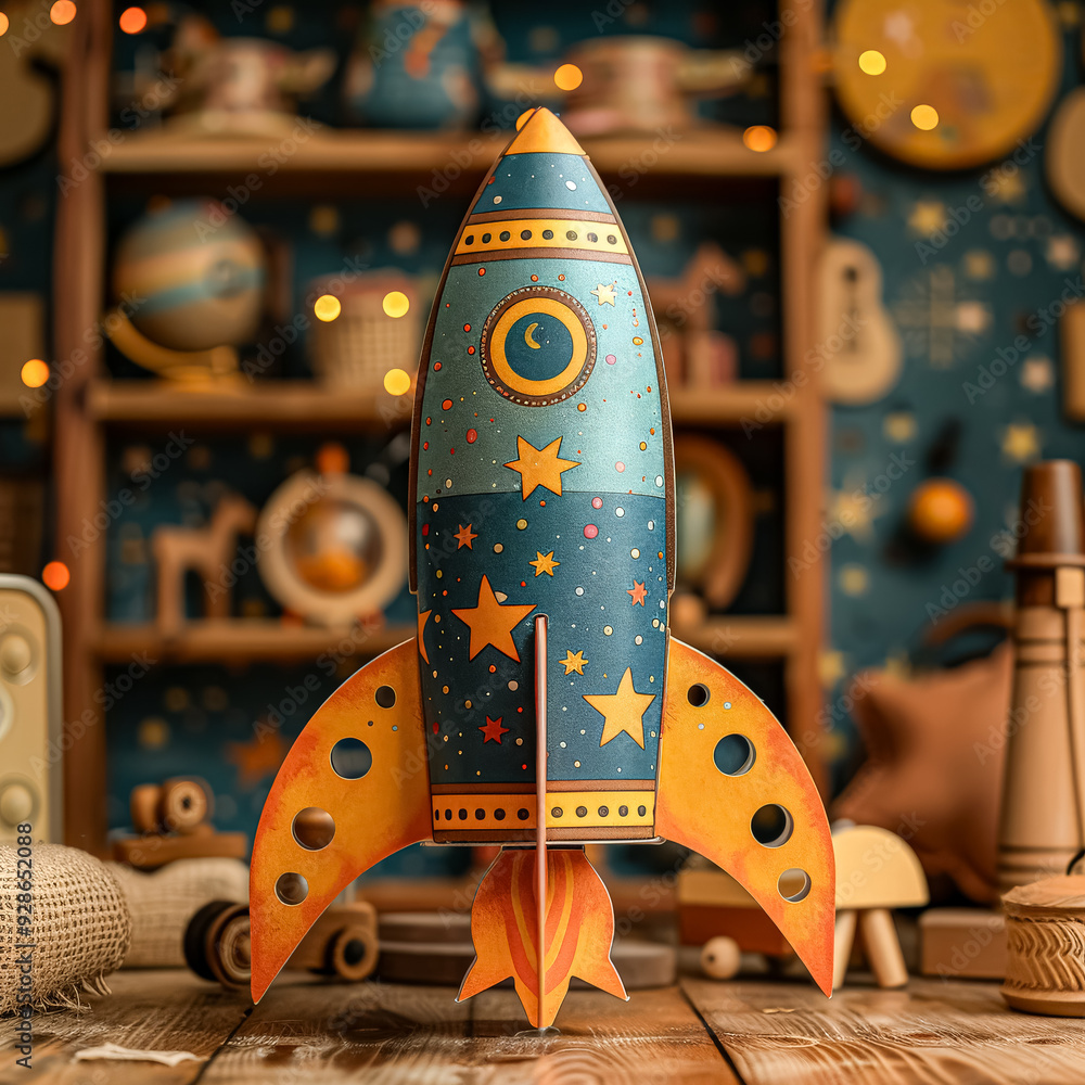 Poster a yellow paper rocket is sitting on a table with a blue background. the rocket is surrounded by vari
