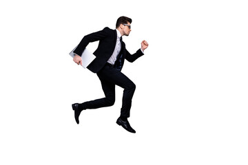 Full length body size profile side view portrait of his he nice attractive purposeful guy executive manager consultant economist carrying laptop career growth isolated over light gray background