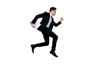 Full length body size profile side view portrait of his he nice attractive purposeful guy executive manager consultant economist carrying laptop career growth isolated over light gray background