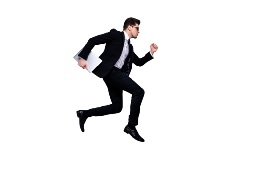 Full length body size profile side view portrait of his he nice attractive purposeful guy executive manager consultant economist carrying laptop career growth isolated over light gray background