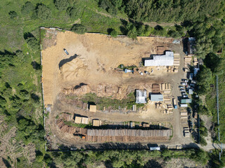 Sawmill Production Site in a Field, Top View