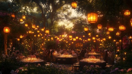 Guests are enjoying outdoor dinner party with hanging lanterns