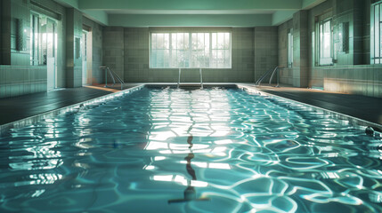 An empty indoor swimming pool with water,  lcreates a serene and inviting atmosphere.