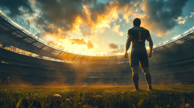 Confident rugby player standing in stadium at sunset