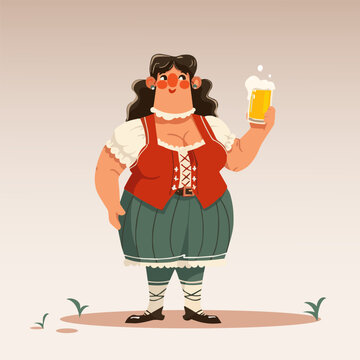 Vector illustration. Happy woman in traditional Bavarian attire holds up frothy beer mug with warm smile. Cartoon art style. Concept of food and drink, traditions, Oktoberfest, celebration.