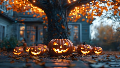 Fototapeta premium Halloween jack-o'-lantern glowing in a spooky garden at night