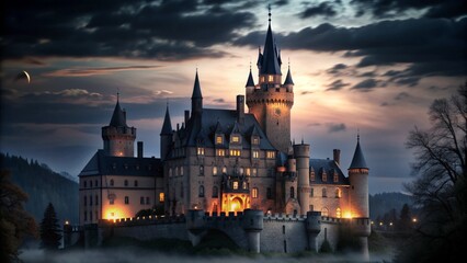 A grand stone castle with tall towers and lit windows stands against a cloudy twilight sky.